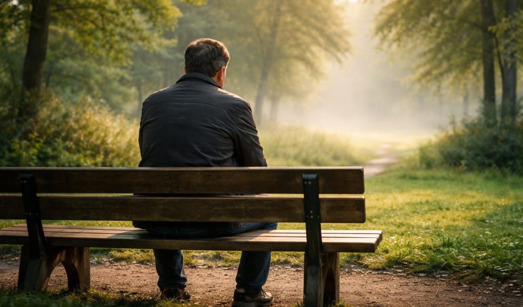 homme-dos-banc-parc-brume
