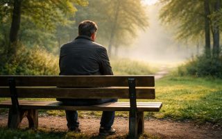 homme-dos-banc-parc-brume