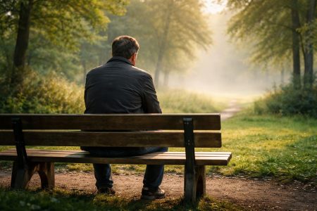 homme-dos-banc-parc-brume