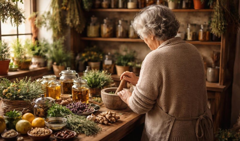 personne-agee-cuisine-rustique-herbes-remede
