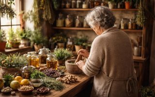 personne-agee-cuisine-rustique-herbes-remede
