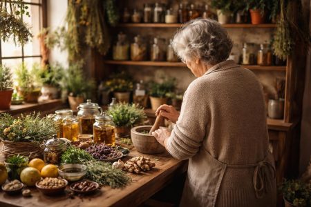 personne-agee-cuisine-rustique-herbes-remede